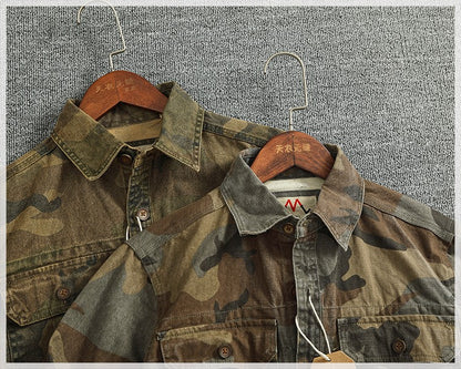 2024 Autumn and Winter New American Retro Woven Camouflage Cargo Shirt Men's 100% Cotton Washed Old Double Pockets Thin Jacket
