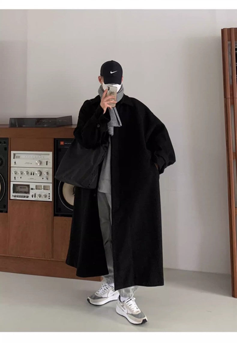 Mauroicardi Autumn Winter Long Warm Grey Black Slouchy Woolen Coat Men Single Breasted Loose Casual Wool Blends Overcoat 2023