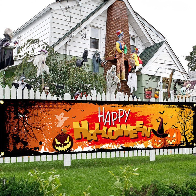 Ghost Halloween Pumpkin Banner Retro Halloween Party Signs Banner Decorations Fence Yard Porch Sign Outdoor Terror Decorations