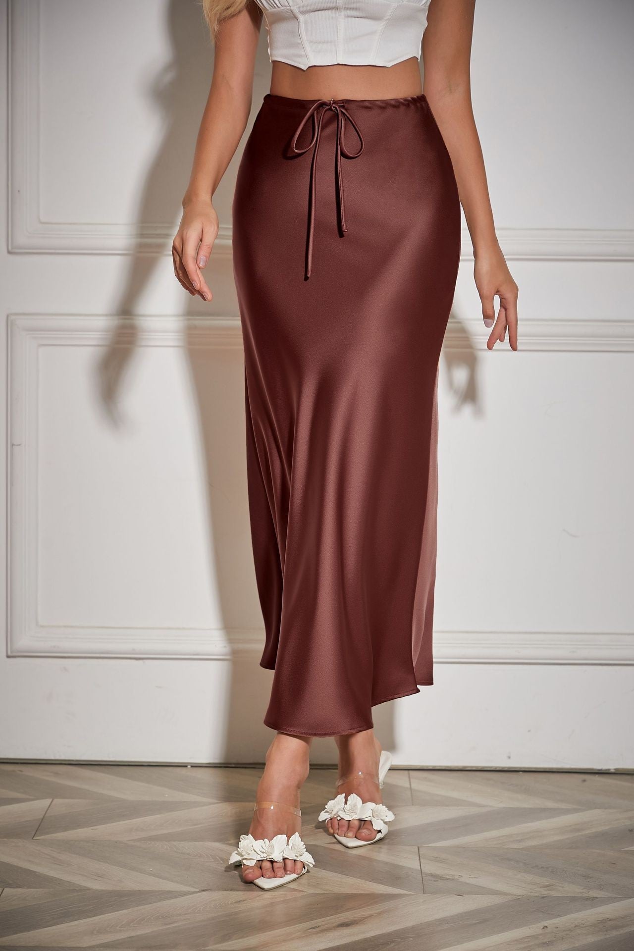 New In 2025 Spring Summer Solid Color Satin Long Skirt For Women High Waist Lace