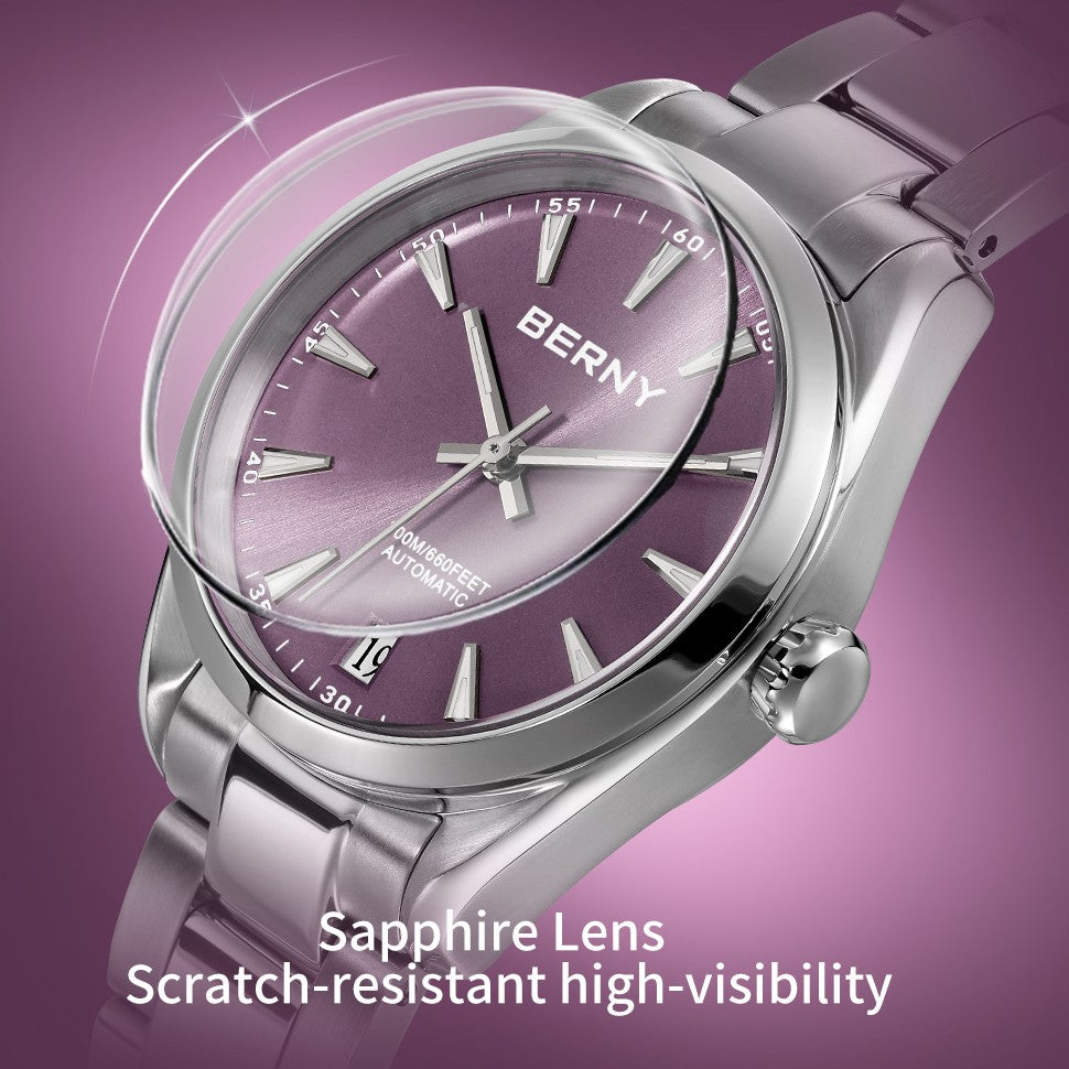 BERNY Automatic Women Watch PT5000 Sapphire Mechanical Elegant Women's Swim Watches 20ATM Full Stainless steel Swim Wristwatch