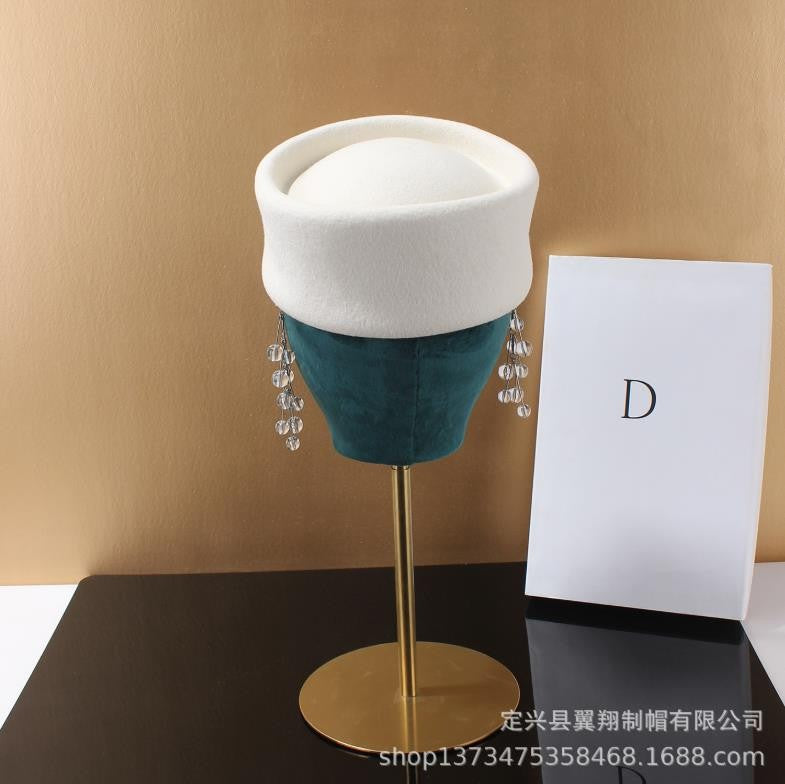 Autumn Winter Women Wool Fedoras Hats Elegant French Hard Top Concave Top Felt Berets Hat  Wedding Fascinator Party Pillbox Cap