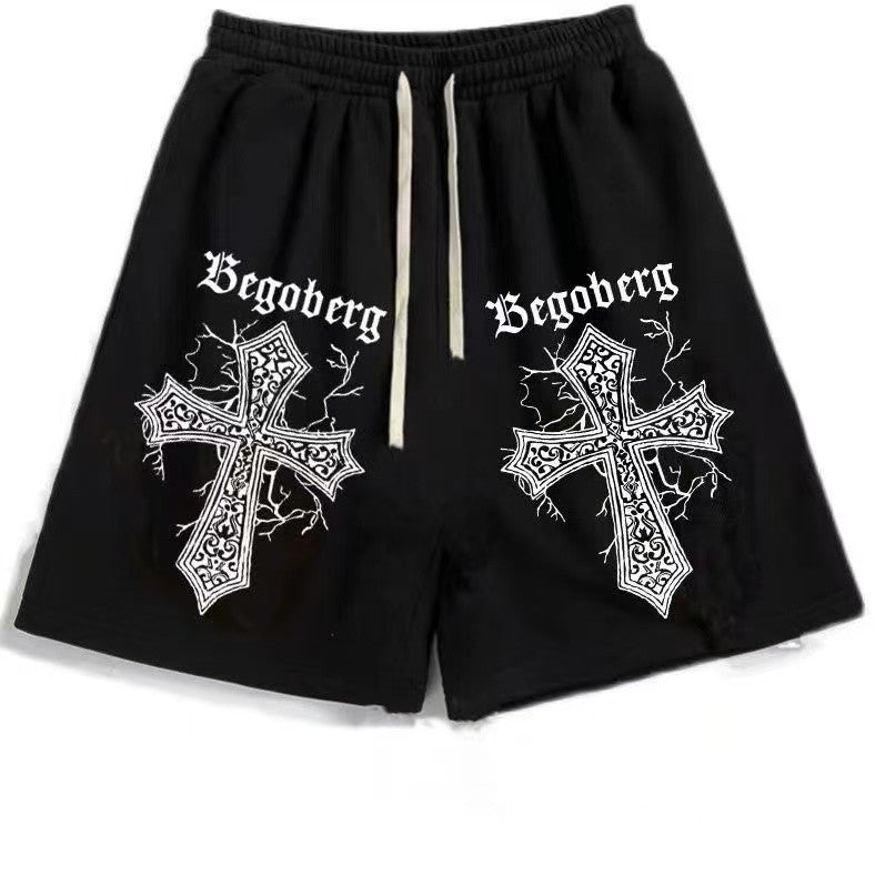 Street Hip-hop Cross Design Pattern Loose Casual Shorts Men American Y2K Harajuku Oversized Fashion Versatile Mid-pants Women