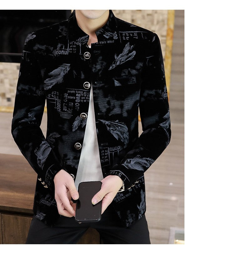 Luxury Retro Velvet Suit Jacket for Men Fashion Slim Fit Stand Collar Blazer Masculino Casual Business Wedding Dress Coat