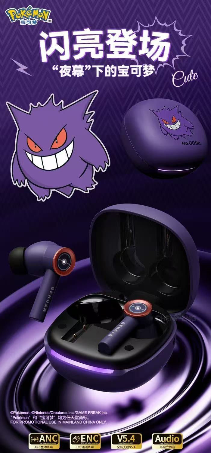 Fone de ouvido sem fio Bluetooth original Pkm Gengar Anime Tipo clipe de orelha Fones de ouvido esportivos estéreo para jogos Alta resistência Presentes da moda