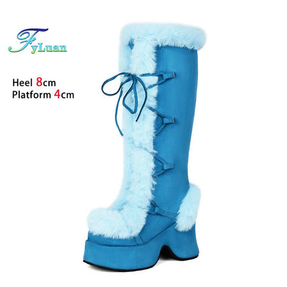 8CM Chunk Heels Winter Warm Knee High Boots Women Snow Short Plush Platform Boots Faux Fur Cosplay Lace-up Long Shoes Size 34-43