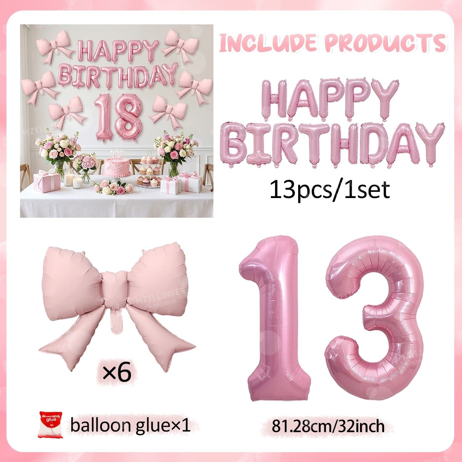 Pink Bow Birthday Balloon Happy Birthday Letter Balloon Used for Wedding, Valentine's Day, Birthday, Proposal Decoration Decor
