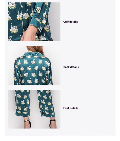 Printed Pure Silk Long Sleeve Pajamas Button Down 100% Mulberry Silk Pijamas Suit Women's Homewear Sleepwear 2 Piece Pajama Set