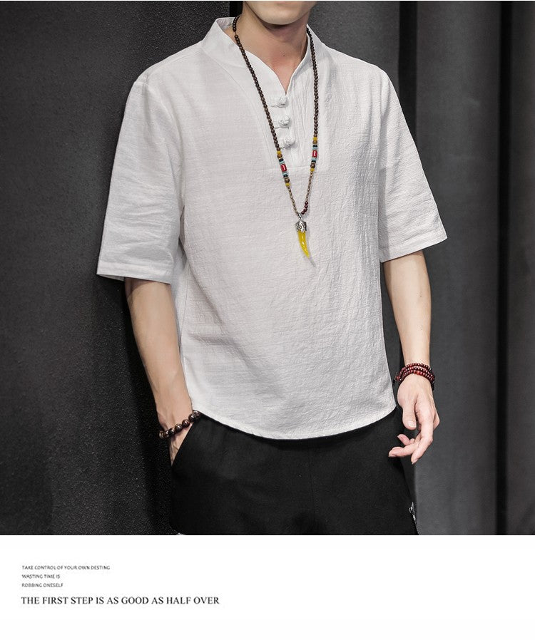 2023 Men Summer Cotton Linen Tang Shirt Men Chinese Style Button Short-Sleeved Shirts Male Blouse Vintage Kung Fu Hawaiian Shirt