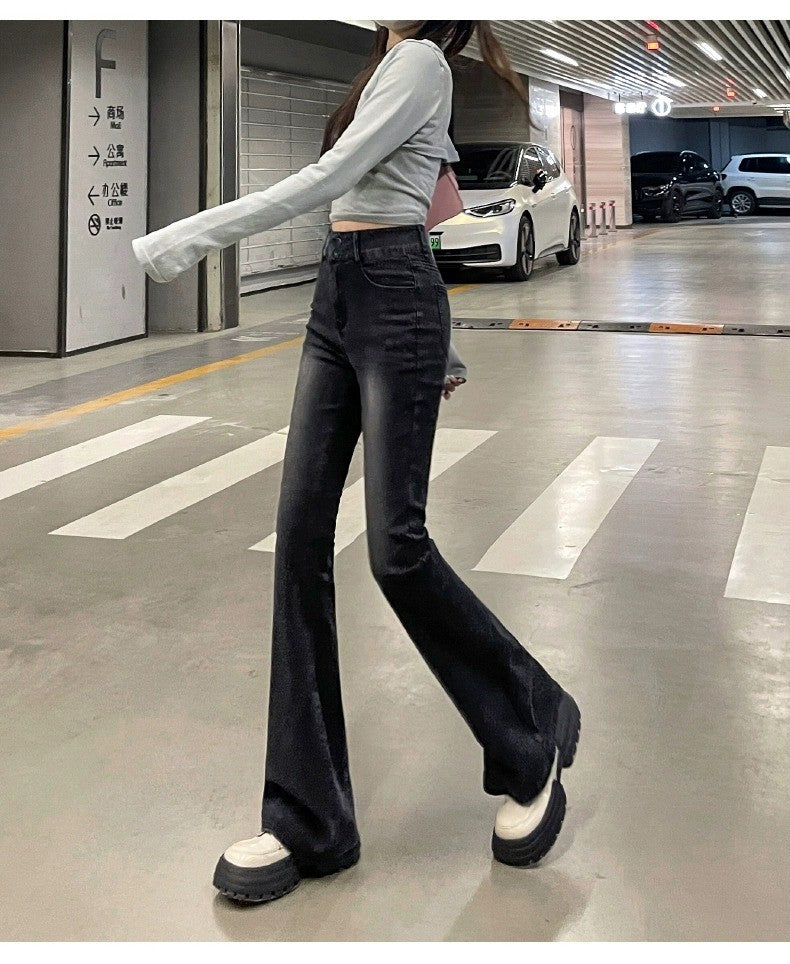 High Waist Fce Lined Thiened Autumn Winter American Bla ey Micro Flared Jeans Women Slimming Legging  Hoof Pants