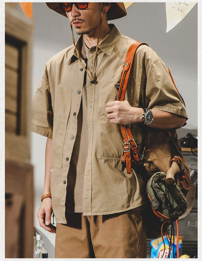 Summer hawaiian Casual Cargo Shirt For Men Oversized Short Sleeve Tee Shirts Y2K Streetwear Button Blouses Outdoor Masculino