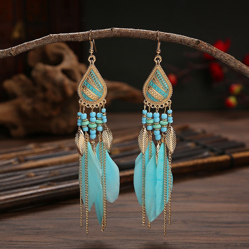 Brincos femininos longos de pena estilo boho, praia, com borla longa, miçangas, flores artesanais esmaltadas, para noiva, casamento, Pendientes Mujer