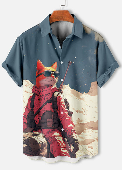 Men's Retro Cartoon Anime Cat Theme Short Sleeve Shirts Short Sleeve Tops Fashion Casual Vacation Streetwear Summer Men's Shirts