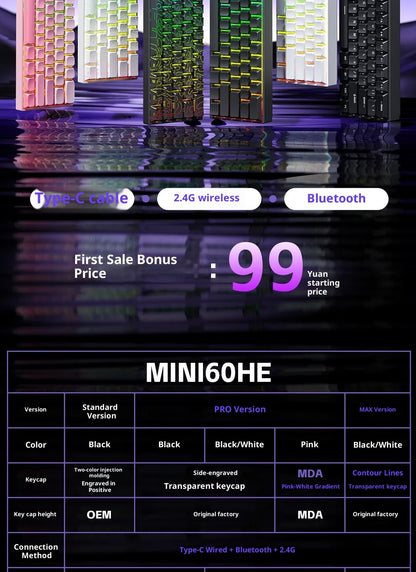 Teclado Magnético AULA MINI 60HE Pro Series Três Modos para Jogos E-sports RGB RT0.01mm Taxa de Varredura 8K Bateria de 4000mAh