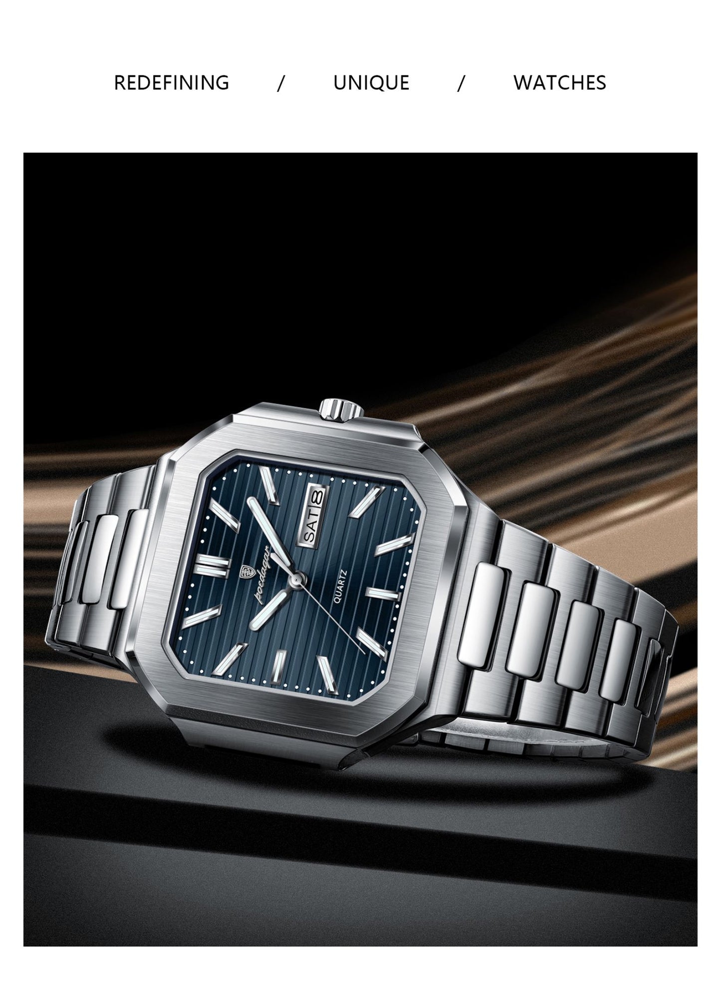 POEDAGAR Square Fashion Man Wristwatch Waterproof Luminous Date Week Quartz Men's Watches Stainless Steel Luxury Men Watch Reloj