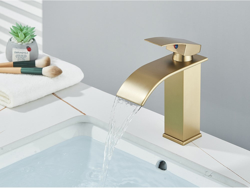 Brushed Golden Basin Faucets Elegant Waterfall Bathroom Sink Faucet Single Lever Hole Deck Mount Brass  Mixer Taps