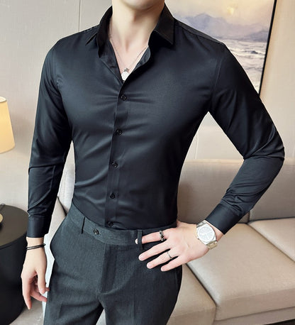 Seamless silk business casual shirt, long sleeved white non ironing elastic silk sliding cross shirt, men's formal wear