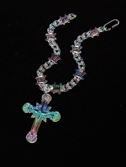 Colar com Pingente de Cruz Grande Iridescente de Jesus Cristo em Acrílico para Mulheres e Homens Colar com Corrente de Arame Farpado Joia de Presente
