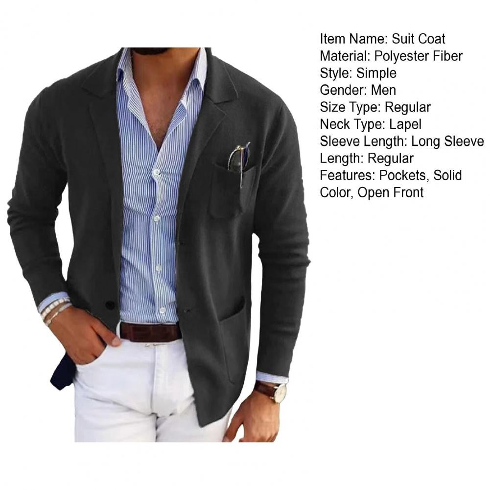 Men Suit Coat Solid Color Lapel Long Sleeve Single-Breasted Design Suit Jacket with Pockets Open Front Business Workwear