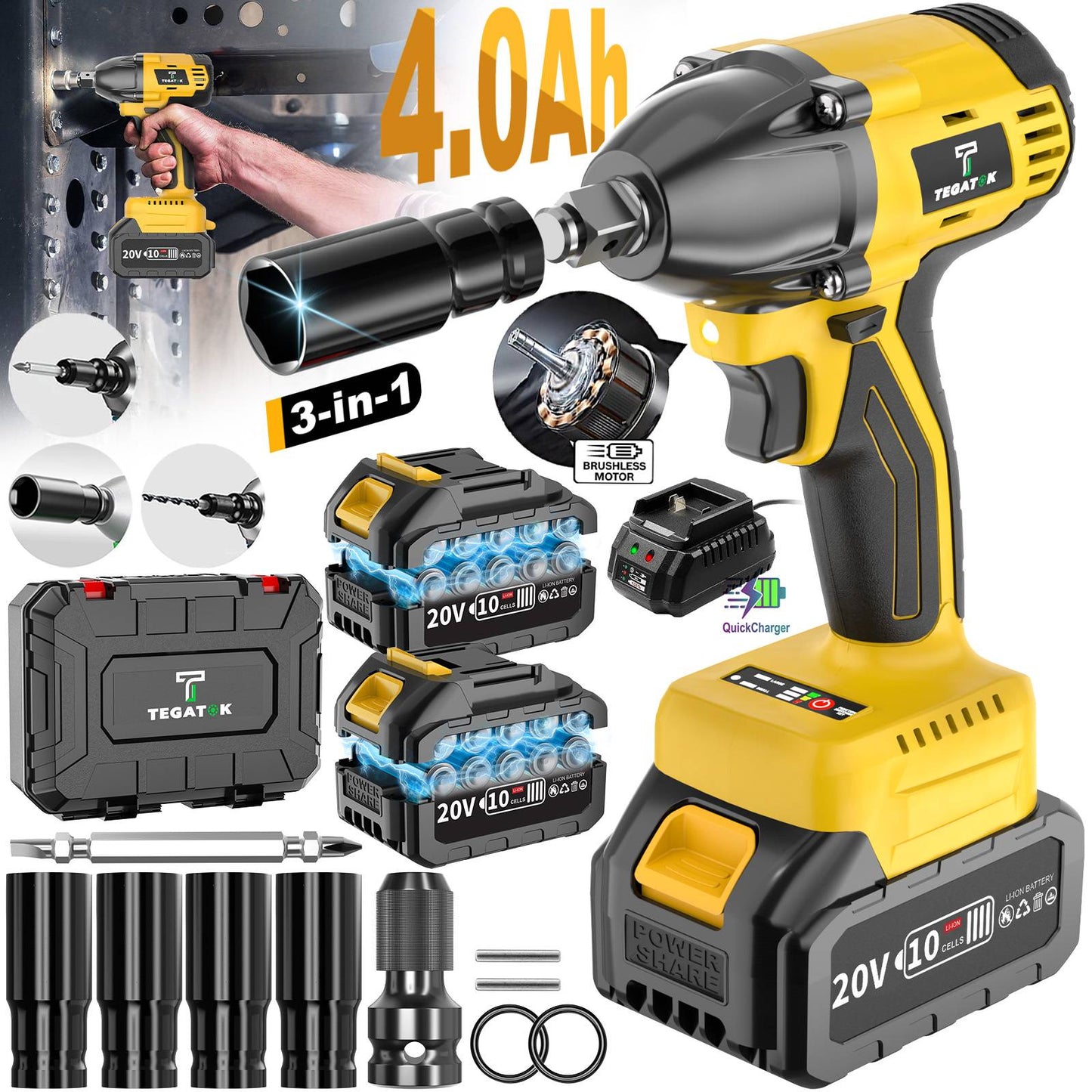 Chave Elétrica 3 EM 1 com Alto Torque 430Nm Chave Elétrica Sem Escovas para Ferramentas de Manutenção Automotiva Chave Sem Fio 20V Elétrica