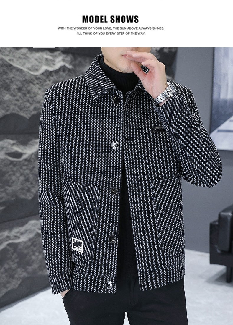 Korean Fashion Woolen Jacket for Men 2023 Winter Plaid Casual Business Trench Coat Slim Social Office Street Wear Short Overcoat