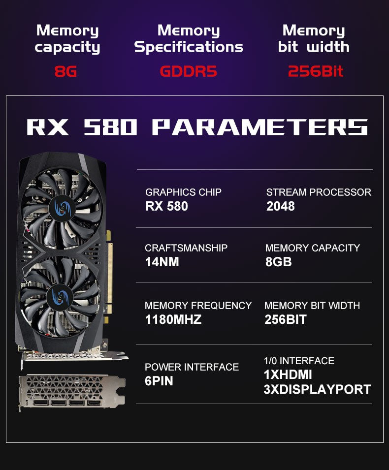 Placa de Vídeo para Jogos RX 580 8GB 2048SP GPU Radeon Série RX580 Placa de Vídeo para Computador de Mesa para Jogos