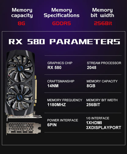 Placa de Vídeo para Jogos RX 580 8GB 2048SP GPU Radeon Série RX580 Placa de Vídeo para Computador de Mesa para Jogos