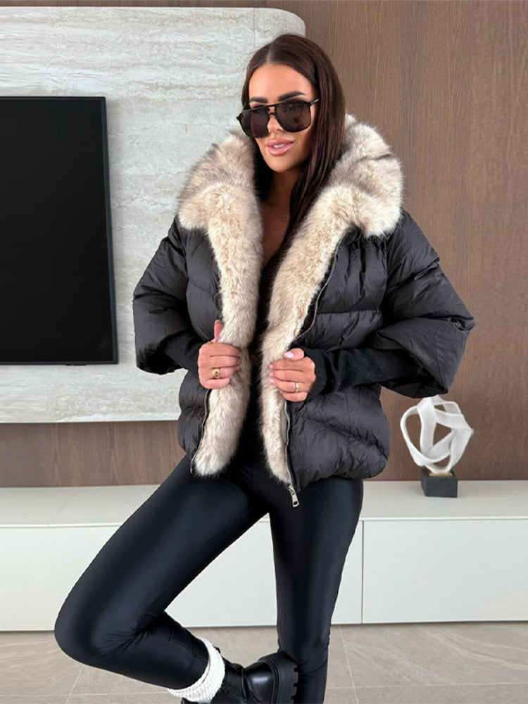 Faux Fur Spliced Hooded Cotton Jackets Women Zipper Long Sleeve Pocket Warm Coats 2025 Winter Fashion Solid Down Jacket New