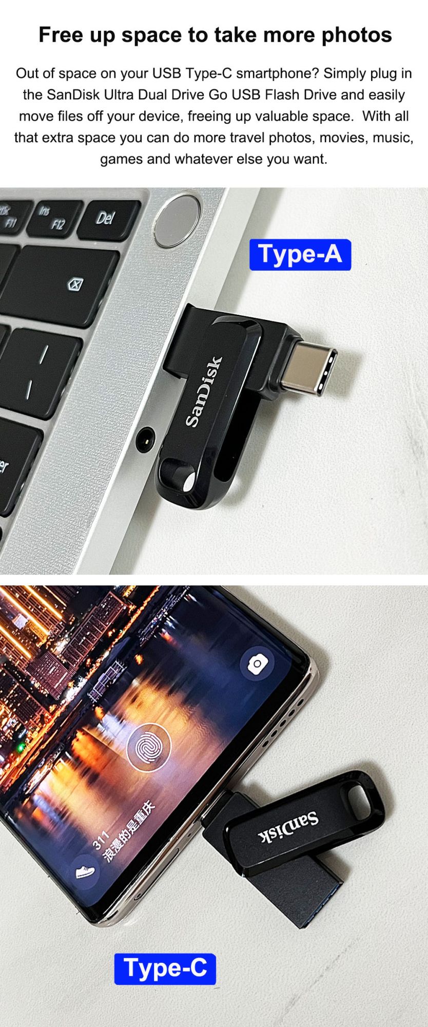 SanDisk Ultra Dual OTG Pen Drive USB 3.2 Type-C Flash Drive 64GB 128GB 256GB 512GB Up to 400MB/s Memory Flash Disk for computers
