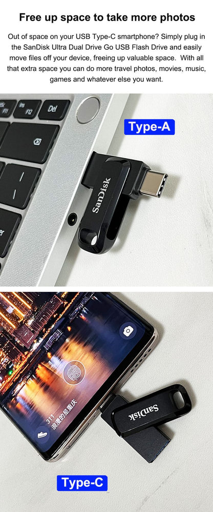 SanDisk Ultra Dual OTG Pen Drive USB 3.2 Type-C Flash Drive 64GB 128GB 256GB 512GB Up to 400MB/s Memory Flash Disk for computers