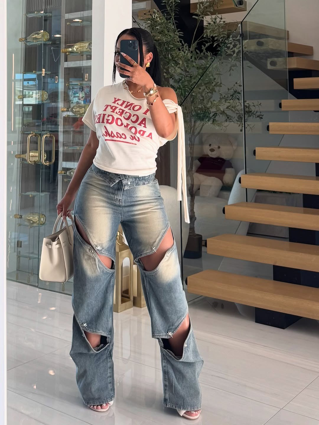 2025 New European and American Women's Clothing Fashion Street Trend Hollow Nail Buckle Old Straight Loose Denim Trousers