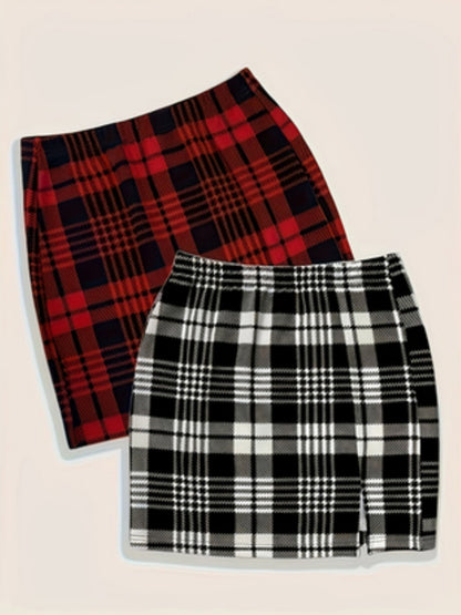 Women's fashionable new checked casual versatile women's large-sized mid-length skirt, two-piece set