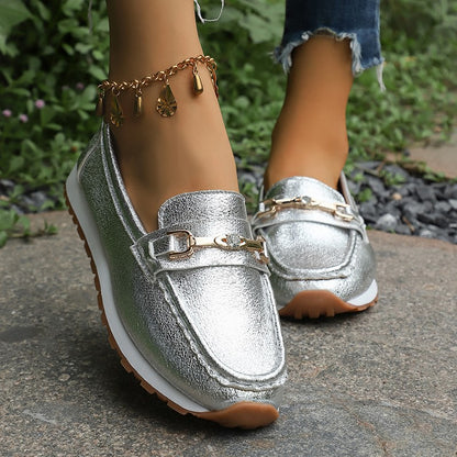 Gold Silver Metal Chain Flats Shoes Women Spring Autumn Plus Size Platform Loafers Woman Slip On Soft Bottom Casual Shoes Female
