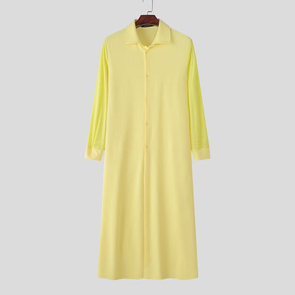 INCERUN Men Long Style Shirt Solid Color Lapel Long Sleeve Button Men Clothing Streetwear 2025 Loose Fashion Casual Camisas Tops