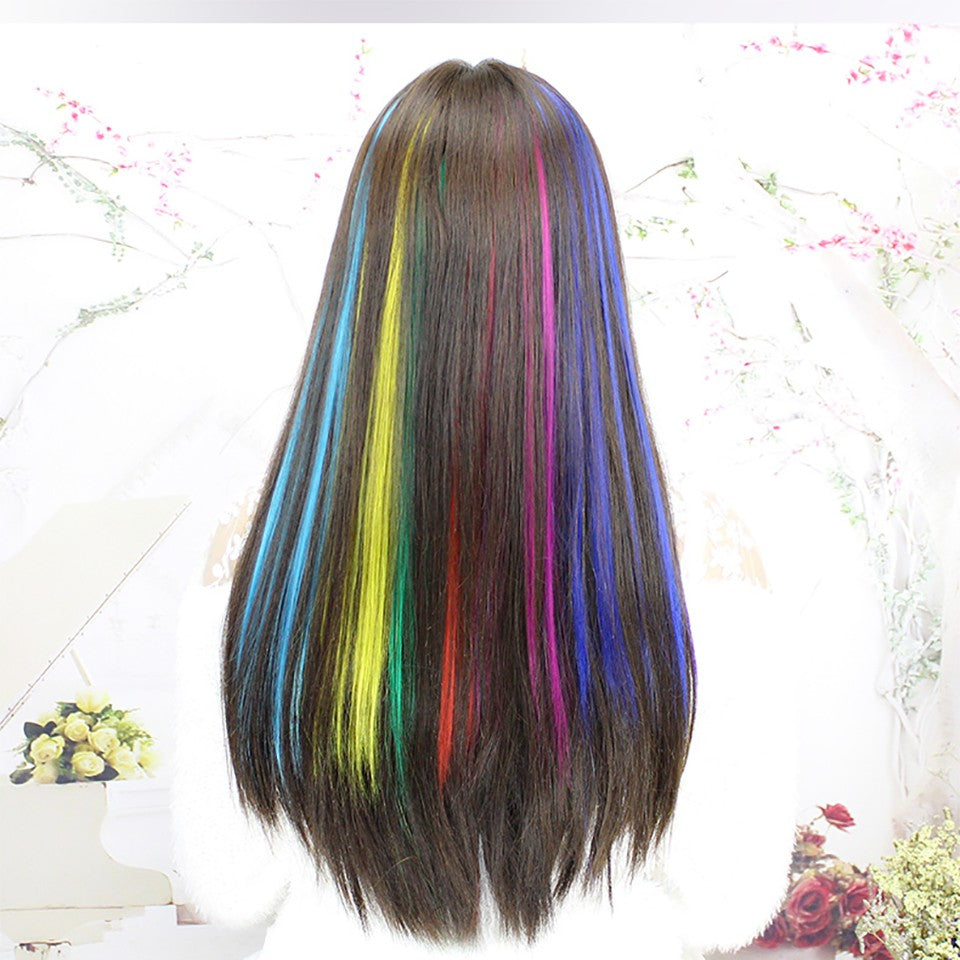 Todas as extensões de cabelo liso longo colorido para mechas, aplique de cabelo arco-íris, mecha de cabelo sintético rosa em tic-tac