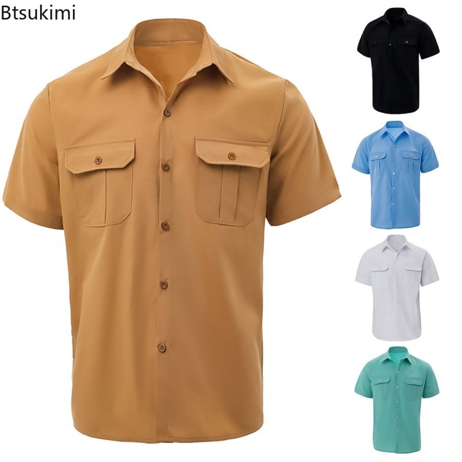 New 2025 Men's Summer Short Sleeve Solid Safari Shirt Loose Casual Cargo Shirt Double Pocket Lapel Button-up Men Work Shirt Tops