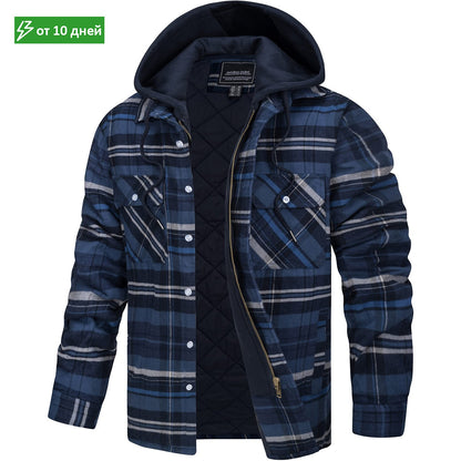 MAGCOMSEN Men's Flannel Jacket with Removable Hood 5 Pockets Plaid Quilted Lined Winter Coats Thick Hoodie Outwear Fleece Jacket