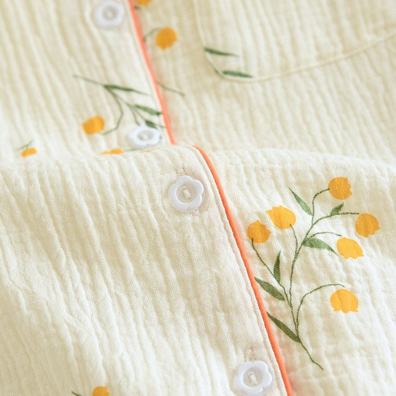 New summer women's cotton crepe three-piece short sleeve + shorts + trousers large size simple flower pajamas home service suit