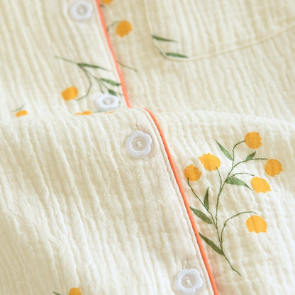 New summer women's cotton crepe three-piece short sleeve + shorts + trousers large size simple flower pajamas home service suit