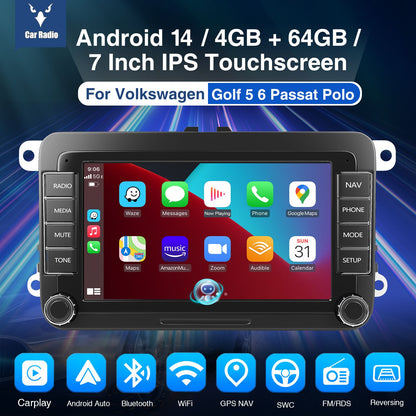 ESSGOO 7" Android 14 4G+64G Apple Carplay Som Automotivo GPS NAVI WIFI RDS FM BT para VW Golf 5 6 Passat Polo Touran Tiguan Caddy EOS