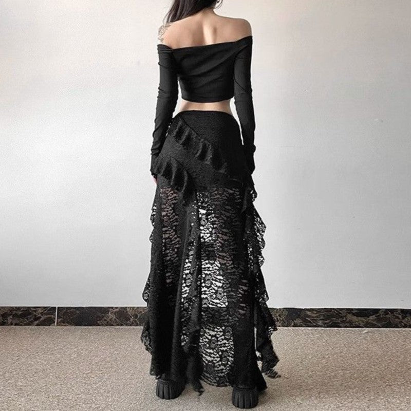 Gothic Skirt 2000s Summer Women's Clothes Gyaru Kpop Streetwear Lace High waist Casual Aesthetic Long Skrit Femme Hip hop Skirts