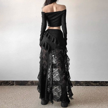Gothic Skirt 2000s Summer Women's Clothes Gyaru Kpop Streetwear Lace High waist Casual Aesthetic Long Skrit Femme Hip hop Skirts