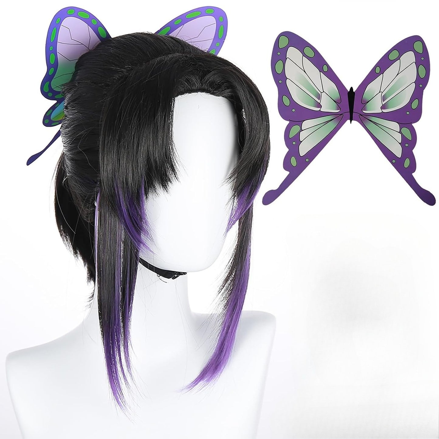 Peruca de Cosplay Kochou Shinobu Kimetsu No Yaiba, peruca preta e roxa sintética resistente ao calor para Halloween, presilha de cabelo de borboleta
