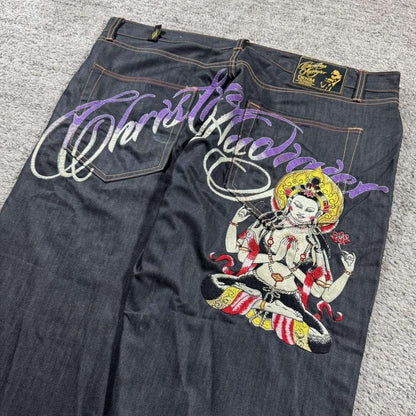 Baggy Wide Leg Y2K 2000s Loose Jeans Embroidered Buddha Casual Denim Pants Harajuku High Waist Straight Jeans Y2k Women Clothing