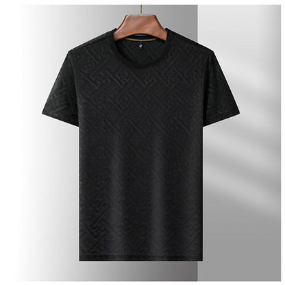 2024 Summer Ice Silk Men's Jacquard Short Sleeve T-shirt High end Brand Fashion Jacquard Cool Breathable Casual Round Neck Top