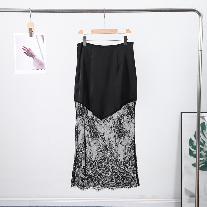 Satin Skirts Women Loose High Waist Patchwork Lace See Through Skirt Female 2025 Chic Solid Sexy Elegant Streetwears