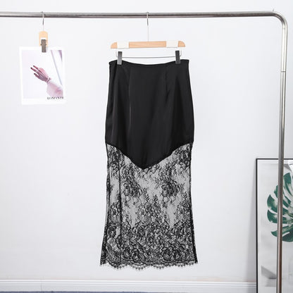 Satin Skirts Women Loose High Waist Patchwork Lace See Through Skirt Female 2025 Chic Solid Sexy Elegant Streetwears