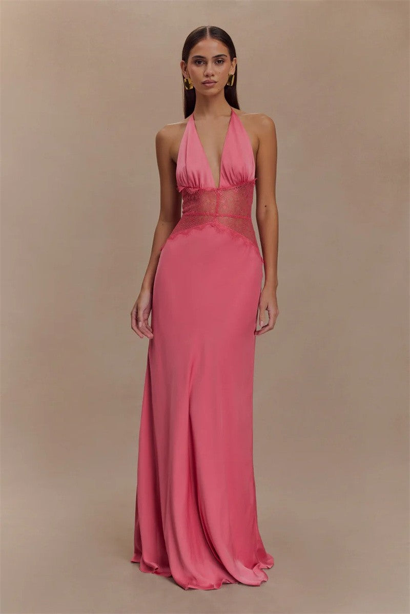 Mozision Summer Backless Sexy Maxi Dress Women Gown Patchwork Lace Halter Deep V