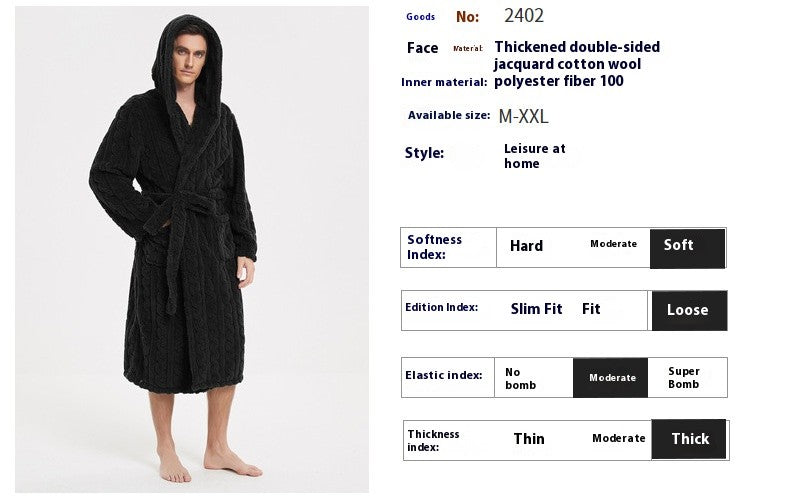 New American Cotton Velvet Jacquard Hooded Men's Dressing Gown with Fleece Thickened Autumn and Winter Couple Dressing Gown