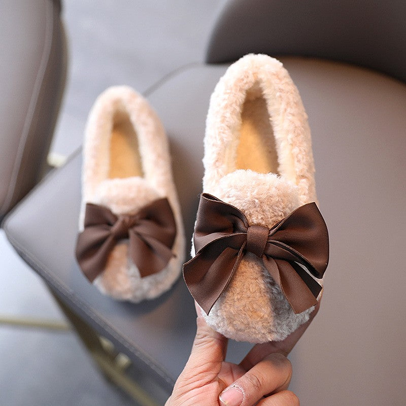 Girls Winter Shoes Cotton-padded Warm Cotton Fur Fluffy Children Flats Kids Loafers Slip-on Princess Sweet Anti-slippery Bowtie